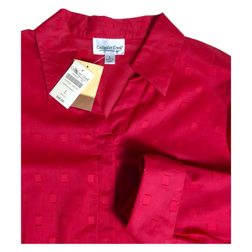 Coldwater Creek Red 100% Cotton Jacquard Sheer Top/ Blouse SZ L NEW - Picture 4 of 6